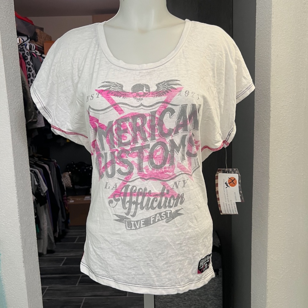 Affliction White Short Sleeve Tee with Pink and Gray Graphic